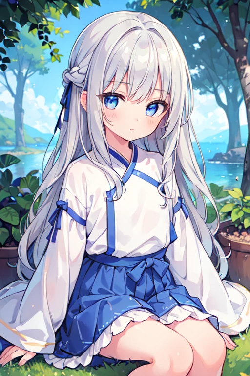 (best quality, masterpiece:1.2), ultra detailed, extremely detailed eyes and face, natural skin texture, detailed skin, natural lighting,
 chibi, 1 girl, 12-years-old, (cute),
 silver hair, middle hair, straight hair, shiny hair,
 blue eyes,
 flat chest,
 hanbok,