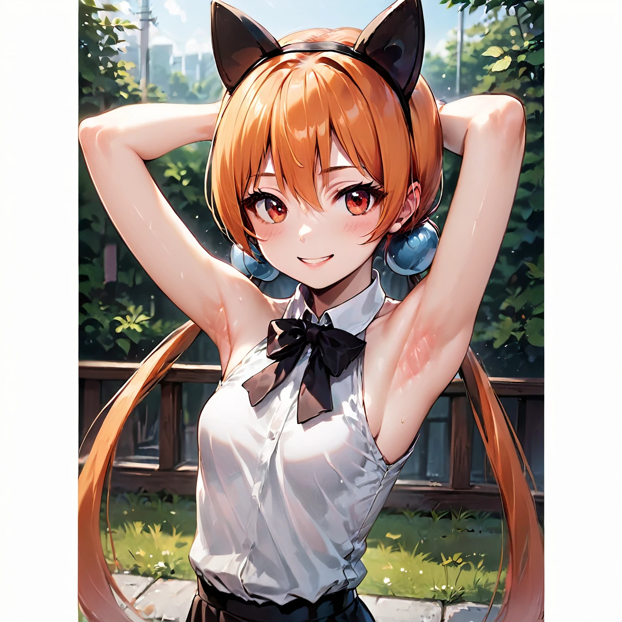 score_8_up, score_7_up, best quality, alisasr, 1girl, orange hair, red eyes, long hair, twintails, hair ornament, fake animal ears, bangs, light smile, clothed female, breasts, hair bobbles, low twintails, hairband, outdoors, arms up, armpits, small breasts, solo focus, blush, cinematic, colorful, cute, 