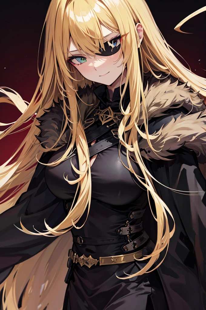 ((masterpiece)), ((best quality)), 1girl, adult, long hair, ((blonde hair)), very long blonde hair, ((intimidant look)), ((close-up)), profile image, green eyes, black and red clothes, sexy, dark colors, brillant eyes, ((coat with fur)), ((wavy hair)), exposed skin, ((sexy pose)), ((intimidant look)), good anatomy, ((dark sage clothes)), ((straight cut bangs)), emotionless, intimidant, ((beautiful eyes)), dark background, close up, ((detailed eyes)), beautiful eyes, ((detailed face)), hair bang, frontal look, evil, relaxed, smile, magical goddess othinus, detailed face, eyepatch, full body, ((detailed))