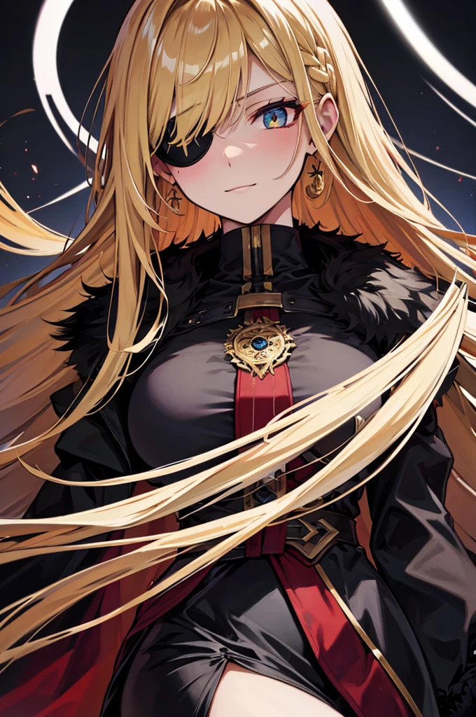 ((masterpiece)), ((best quality)), 1girl, adult, long hair, ((blonde hair)), very long blonde hair, ((intimidant look)), ((close-up)), profile image, green eyes, black and red clothes, sexy, dark colors, brillant eyes, ((coat with fur)), ((wavy hair)), exposed skin, ((sexy pose)), ((intimidant look)), good anatomy, ((dark sage clothes)), ((straight cut bangs)), emotionless, intimidant, ((beautiful eyes)), dark background, close up, ((detailed eyes)), beautiful eyes, ((detailed face)), hair bang, frontal look, evil, relaxed, smile, magical goddess othinus, detailed face, eyepatch, full body, ((detailed))