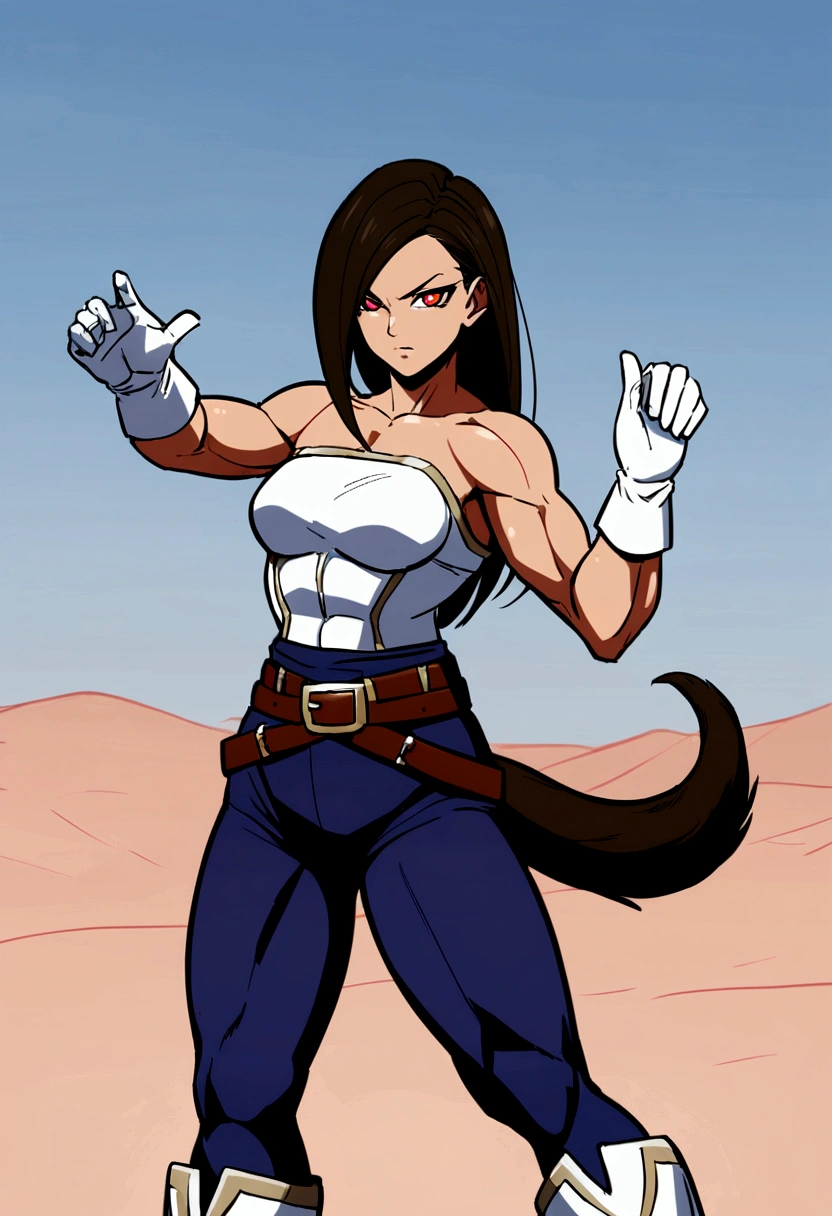 Create a Saiyan woman with long straight dark hair, she has red pupils, and armor that leaves his muscular belly showing, she has medium breasts, and dark blue pants cover his slightly muscular thighs, her boots are white and she has white gloves too, make a brown tail tied around your waist like a belt, make her in a superior and more powerful pose, medium breasts and thighs too, com um corpo musculoso, thin, long tail with brown hair