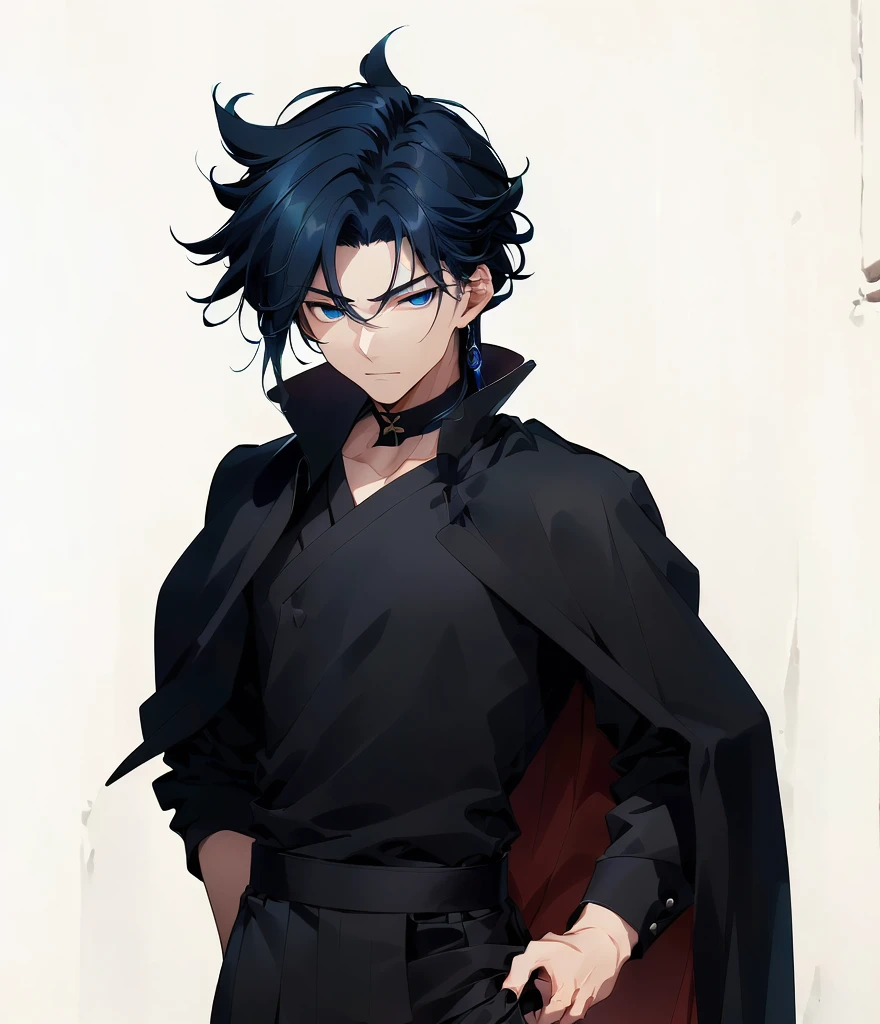 Close-up of a man wearing a black shirt and black pants, A man wearing a dark blue cloak,a man with rather sharp hair,A man with gentle eyes,Anime handsome man, Tall anime man with blue eyes, Inspired by Ryusei Kishida, Kazuma Kaneko, kakyoin, Shikano Makoto, Xin Jiacheng, ( ( ( Ji Chengyao ) ) ), Cool anime poses, Akihiko Yoshida!