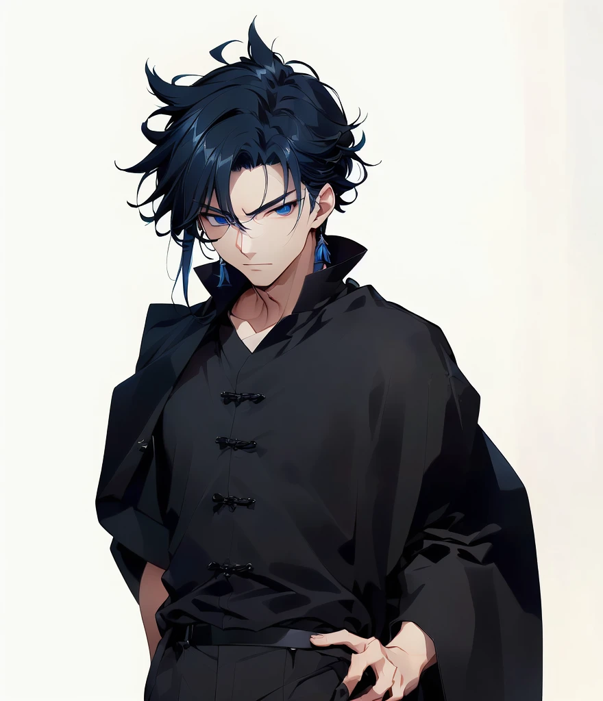 Close-up of a man wearing a black shirt and black pants, A man wearing a dark blue cloak，a man with rather sharp hair，A man with gentle eyes，Anime handsome man, Tall anime man with blue eyes, Inspired by Ryusei Kishida, Kazuma Kaneko, kakyoin, Shikano Makoto, Xin Jiacheng, ( ( ( Ji Chengyao ) ) ), Cool anime poses, Akihiko Yoshida!