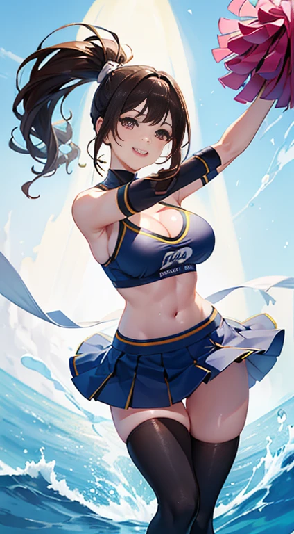 Highest quality, 8K, masterpiece :1.3)), whole body, Sharp focus :1.2, Beautiful woman with perfect figure :1.4, Slim Abs :1.2, ((Dark brown hair, Big Breasts :1.2)), whole bodyショット)，(RAW shooting:1.2)、(realism:1.4)、(masterpiece:1.3)、(Highest quality:1.4)、The Beauty of Japan、Black Hair，Beautiful and eye-catching details、Beautiful eyelashes and double eyelids、eye shadow、Perfect Eye Makeup、alone、cute、(cute:1.2)、(A smile full of happiness:1.4)、Smiling Kindly、show excitement、(ponytail:1.2)、(From the bottom perspective:1.3)、(mini skirt)、くThin legs、(Perfect Body Beauty:1.3)、Shiny skin、(Cheerleading and other energetic poses:1.5)、Looking into the camera，Narrow waist、Thin legs、Big Breasts、Photorealistic、Age 25、Cleavage、Glamour、sexy、Thighs、長いponytail、Korean Idol、Big Boobs、Don&#39;t show your teeth、Natural smile、tall、Model Body Type

