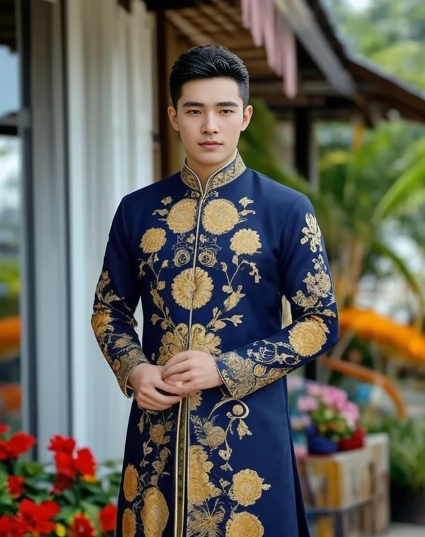 An Araf man stands on the beach with the sunset in the background.., portait photo Profile pictureture, Profile picture, Cleans the wide surface of the face.,  cute young man, headshot Profile pictureture, handsome man, Handsome and charming, Very charming and beautiful, Close-up of a Southeast Asian man with a round face.., black eyes, staring at the viewer, morning sun, ((face details)), Double eyelids, realistic, Masterpiece, Highest quality, lens flare, shade, [[Chromatic aberration, digital painting, 8K, 45,000,000,000 pixels,, t-shirt, short hair, black eyes,abdominal muscles, The body is beautiful and strong..,, (digital painting, HDR, high contrast