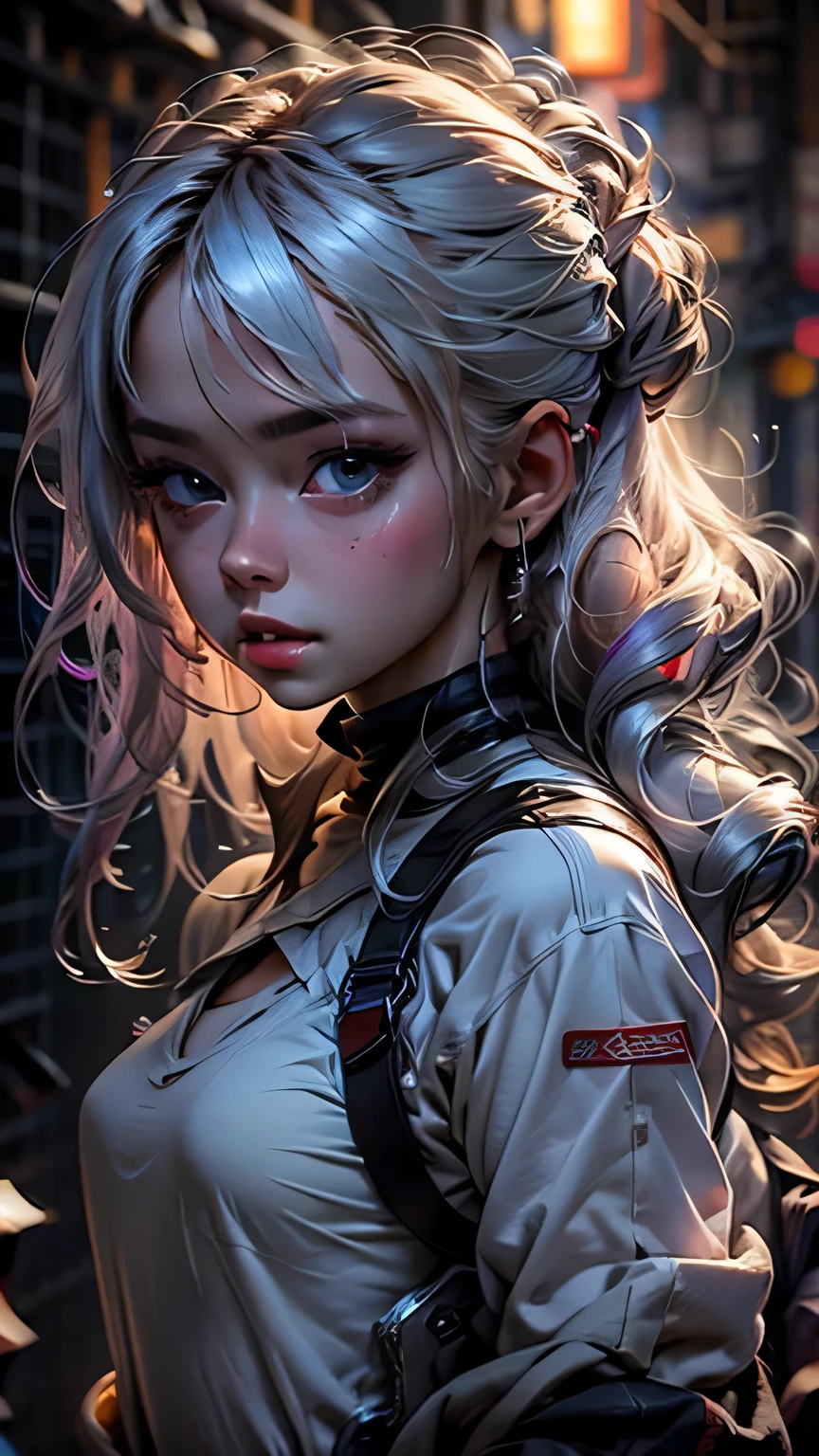 ((masterpiece)), (最high quality), (detailed), (One girl), (Internal Data Stream) Light blue gradient hair, Glowing black eyes, Straight hair, Wearing a modern white shirt and black dress, Covered in data particles, Locked around the neck、masterpiece, 最high quality, high quality, High resolution,