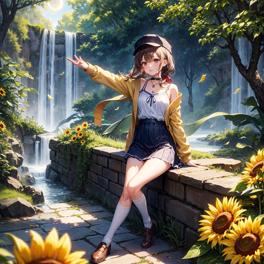Red, brown, gold, gold hair、Golden Eyes、Hair tied up、One good looking girl、solo、anime、Checkered mini skirt、Ruffles on the skirt、camisole、Lightweight cardigan、choker、school uniform、Black knee-high socks、Wearing a baseball cap、Ribbon、Ribbon on waist、Teeth are visible、Silver coin necklace、From above、Sunflower Tunnel、Cobblestones、waterfall、Have sunflowers、Starry Sky、Midnight Moon、Winding Road、suspension bridge、Soap bubbles are flying、mosquito、beam、ripple