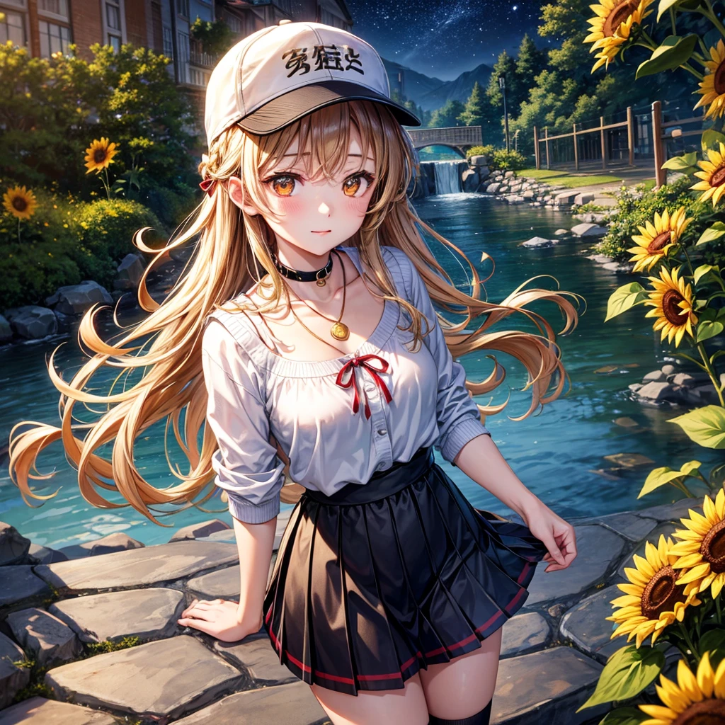 Red, brown, gold, gold hair、Golden Eyes、Hair tied up、One good looking girl、solo、anime、Checkered mini skirt、Ruffles on the skirt、camisole、Lightweight cardigan、choker、school uniform、Black knee-high socks、Wearing a baseball cap、Ribbon、Ribbon on waist、Teeth are visible、Silver coin necklace、From above、Sunflower Tunnel、Cobblestones、waterfall、Have sunflowers、Starry Sky、Midnight Moon、Winding Road、suspension bridge、Soap bubbles are flying、mosquito、beam、ripple