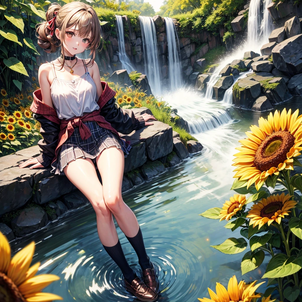 Red, brown, gold, gold hair、Golden Eyes、Hair tied up、One good looking girl、solo、anime、Checkered mini skirt、Ruffles on the skirt、camisole、Lightweight cardigan、choker、school uniform、Black knee-high socks、Wearing a baseball cap、Ribbon、Ribbon on waist、Teeth are visible、Silver coin necklace、From above、Sunflower Tunnel、Cobblestones、waterfall、Have sunflowers、Starry Sky、Midnight Moon、Winding Road、suspension bridge、Soap bubbles are flying、mosquito、beam、ripple