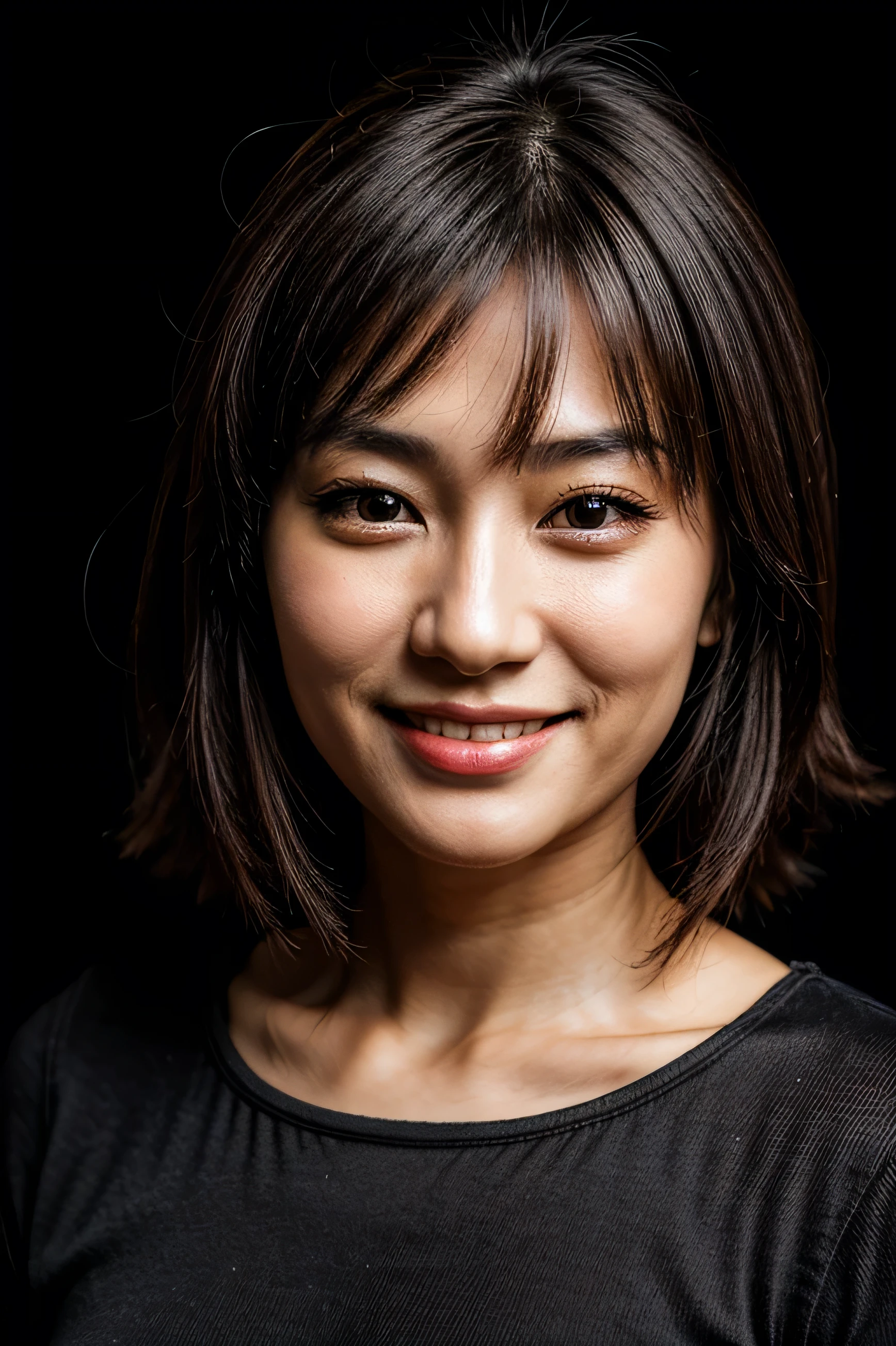 face perfect, beautiful face of a 30 year old Korean woman, Smiling beautiful, with black background 