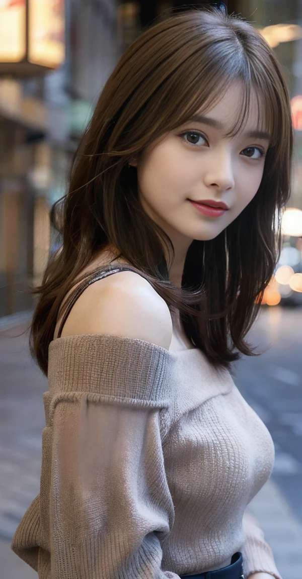 a cowboy shot woman with medium brown hair, stand in city with blur background. wear an off-shoulder grey blouse, left shoulder slightly dropped. looks directly at camera with a soft, confident expression.