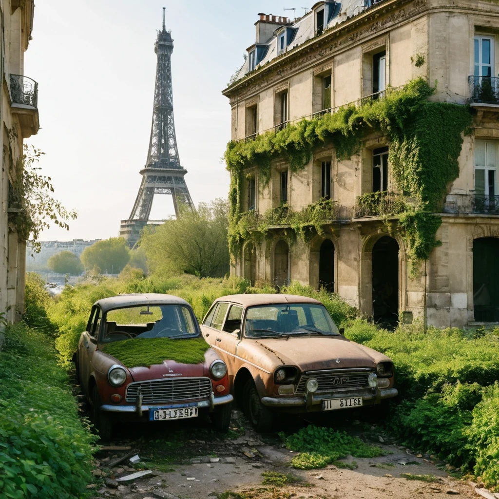 scenario: paris, with the iconic Eiffel Tower in the background, abandoned for years, with nature invading the city. The streets are covered in vegetation and rubble, and old buildings show signs of wear and neglect. The Eiffel Tower is partially covered in ivy and moss, and some parts are rusty and damaged. The sidewalks and streets are cracked and covered in plants, with abandoned and rusty cars parked along the roads. shattered windows, fallen doors, covered in dust and debris. The atmosphere is one of silence and desolation, with a light wind blowing through the empty streets. The room is illuminated by the soft light of dawn, highlighting the mix of destruction and nature recovering.

Camera: Low angle panoramic view, capturando a Torre Eiffel ao fundo e as ruas de paris invadidas pela vegetação. Soft natural early morning lighting, emphasizing the vibrant colors of the moss and plants, as well as the decaying details of the architecture and abandoned cars. (真实感, Canon Eos 300mm Film, wide angle lens)