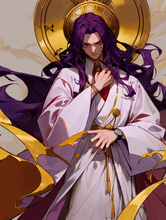 full-length, man, red-purple hair, white robe, sleeves of the robe turn into black, a dial in the pupils, the body is hung with a watch, in the hands of a gold watch