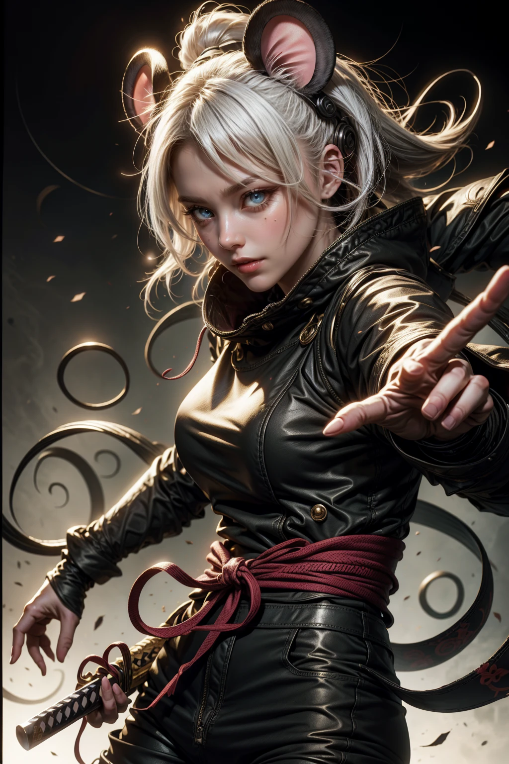 Sexy ninja girl crawling across the floor, with mouse ears silvery white hair, with a katana, and jutsu hand sign