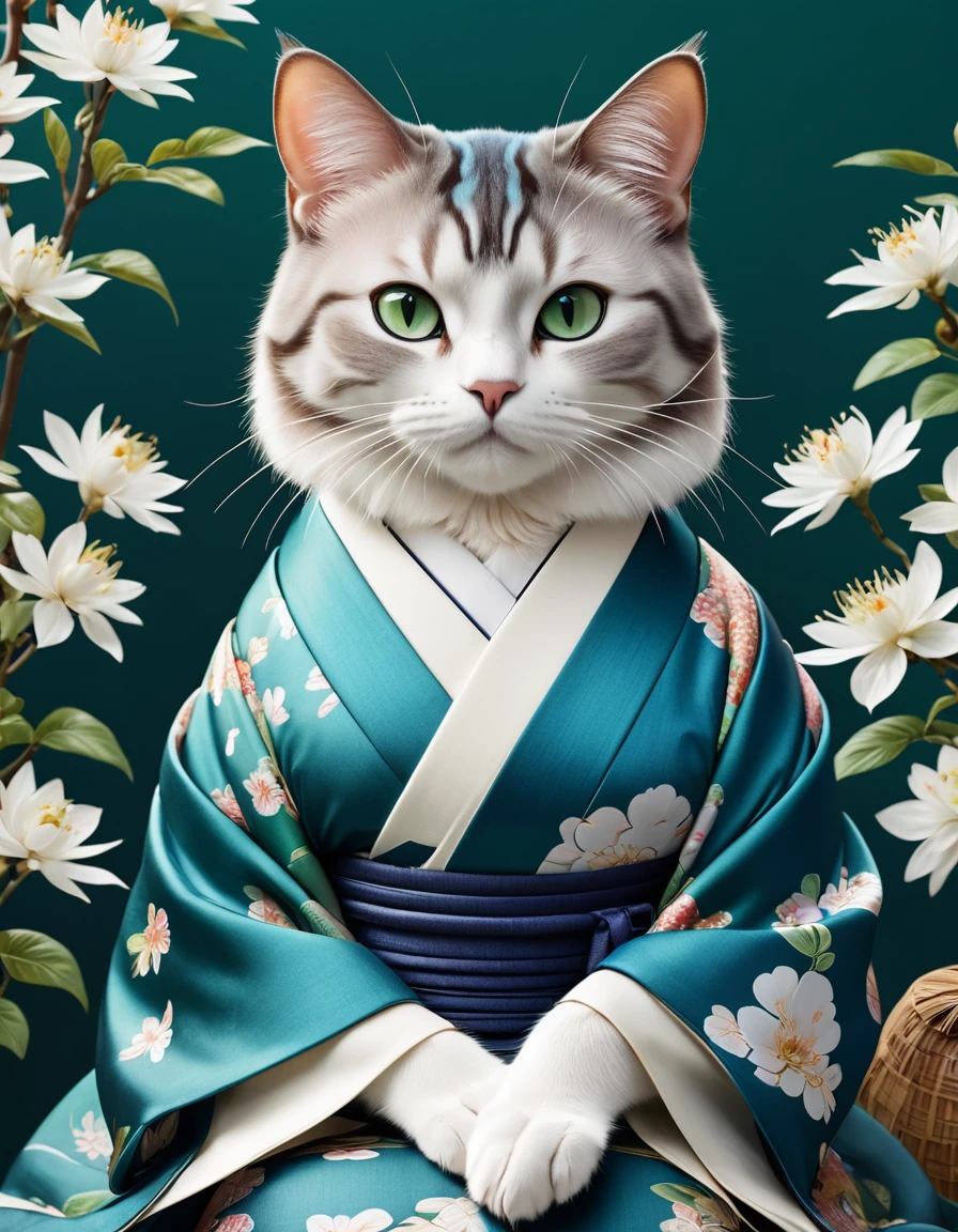 Noble cat,Japanese style、Japanese style、kimono、Reality,Anthropomorphic Cat,Role Settings,Ultra HD graphics,Delicate face,8K,magazine cover,Floral background decoration,Strong color contrast,Dark,Blue, green and white