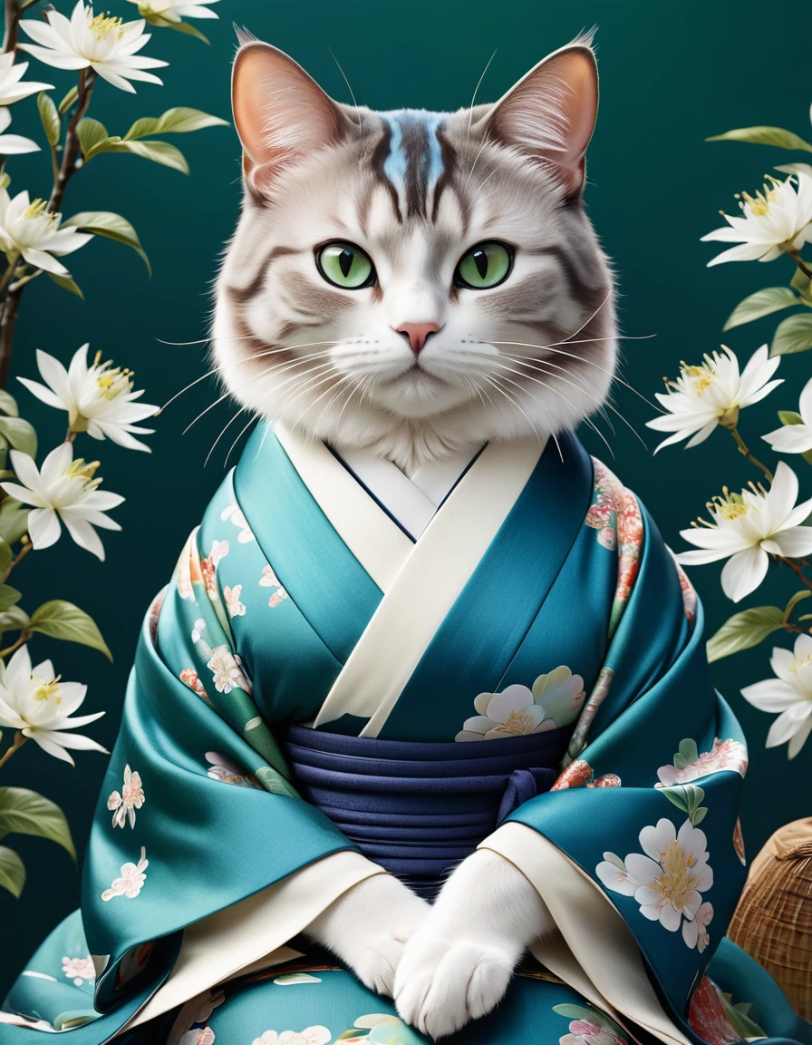 Noble cat,Japanese style、Japanese style、kimono、Reality,Anthropomorphic Cat,Role Settings,Ultra HD graphics,Delicate face,8K,magazine cover,Floral background decoration,Strong color contrast,Dark,Blue, green and white