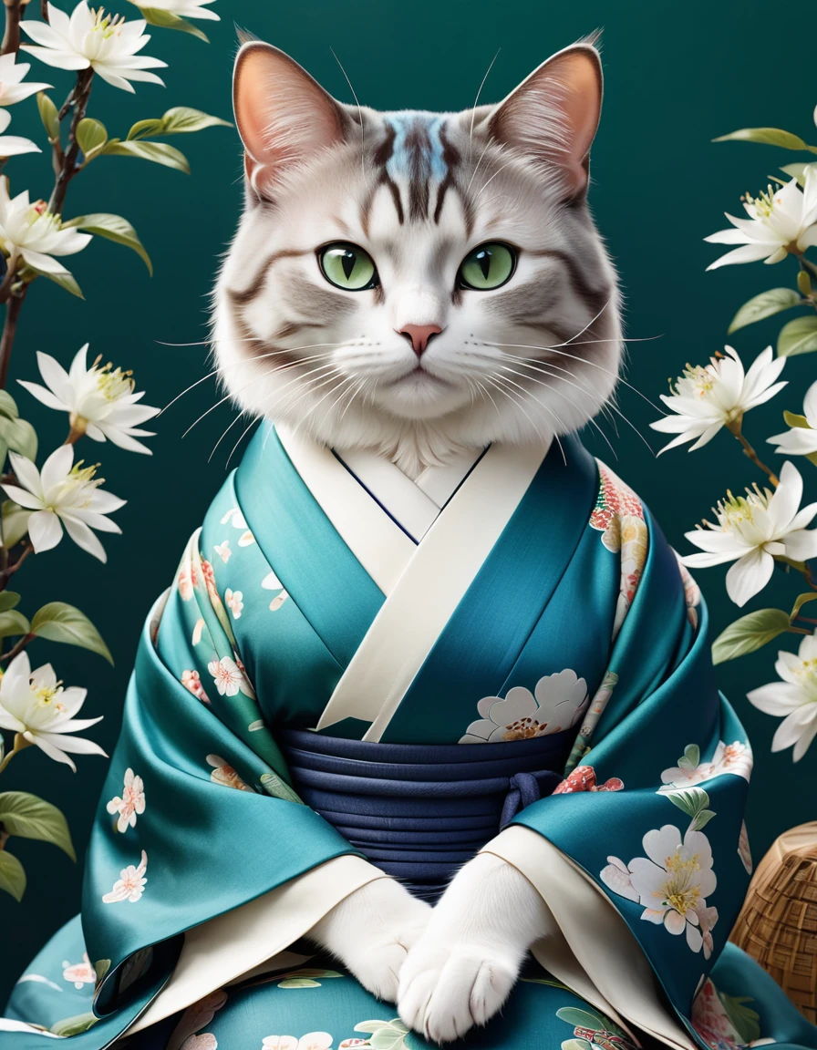 Noble cat,Japanese style、Japanese style、kimono、Reality,Anthropomorphic Cat,Role Settings,Ultra HD graphics,Delicate face,8K,magazine cover,Floral background decoration,Strong color contrast,Dark,Blue, green and white