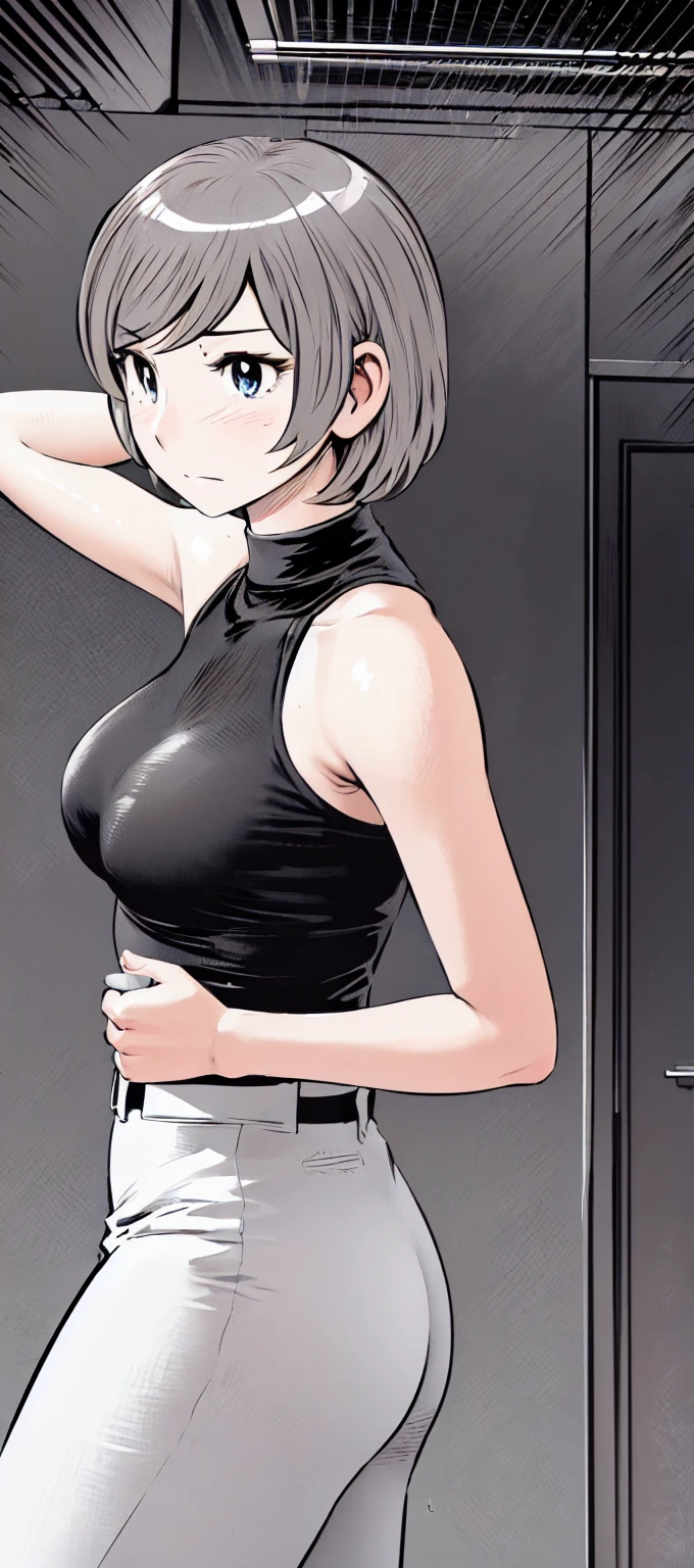 (short hair:1.2),Sleeveless、Black Shirt, turtleneck,White trousers、uniform、Black belt、((People illustrations))、Big Breasts、
View your audience,, (Highest quality:1.3),One Girl, White pants、uniform、blue eyes、Tight black shirt、(masterpiece、Highest quality)、Highest quality, Ultra-high resolution, (((masterpiece))), alone, Sweat、Big eyes、Big Breasts、One Girl, Front view、Embarrassed face、Bronze colored hair、((short hair))、locker room、Stretch your arms to the sides、Good posture、Stand upright、Stand up straight、Upper body close-up