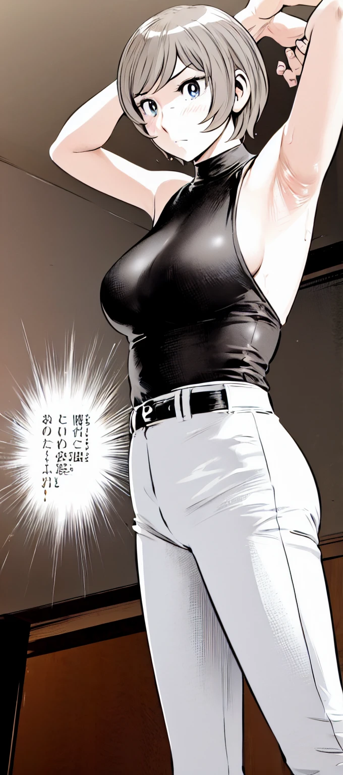 (short hair:1.2),Sleeveless、Black Shirt, turtleneck,White trousers、uniform、Black belt、((People illustrations))、Big Breasts、
View your audience,, (Highest quality:1.3),One Girl, White pants、uniform、blue eyes、Tight black shirt、(masterpiece、Highest quality)、Highest quality, Ultra-high resolution, (((masterpiece))), alone, Sweat、Big eyes、Big Breasts、One Girl, Front view、Embarrassed face、Bronze colored hair、((short hair))、locker room、Stretch your arms to the sides、Good posture、Stand upright、Stand up straight、Upper body close-up