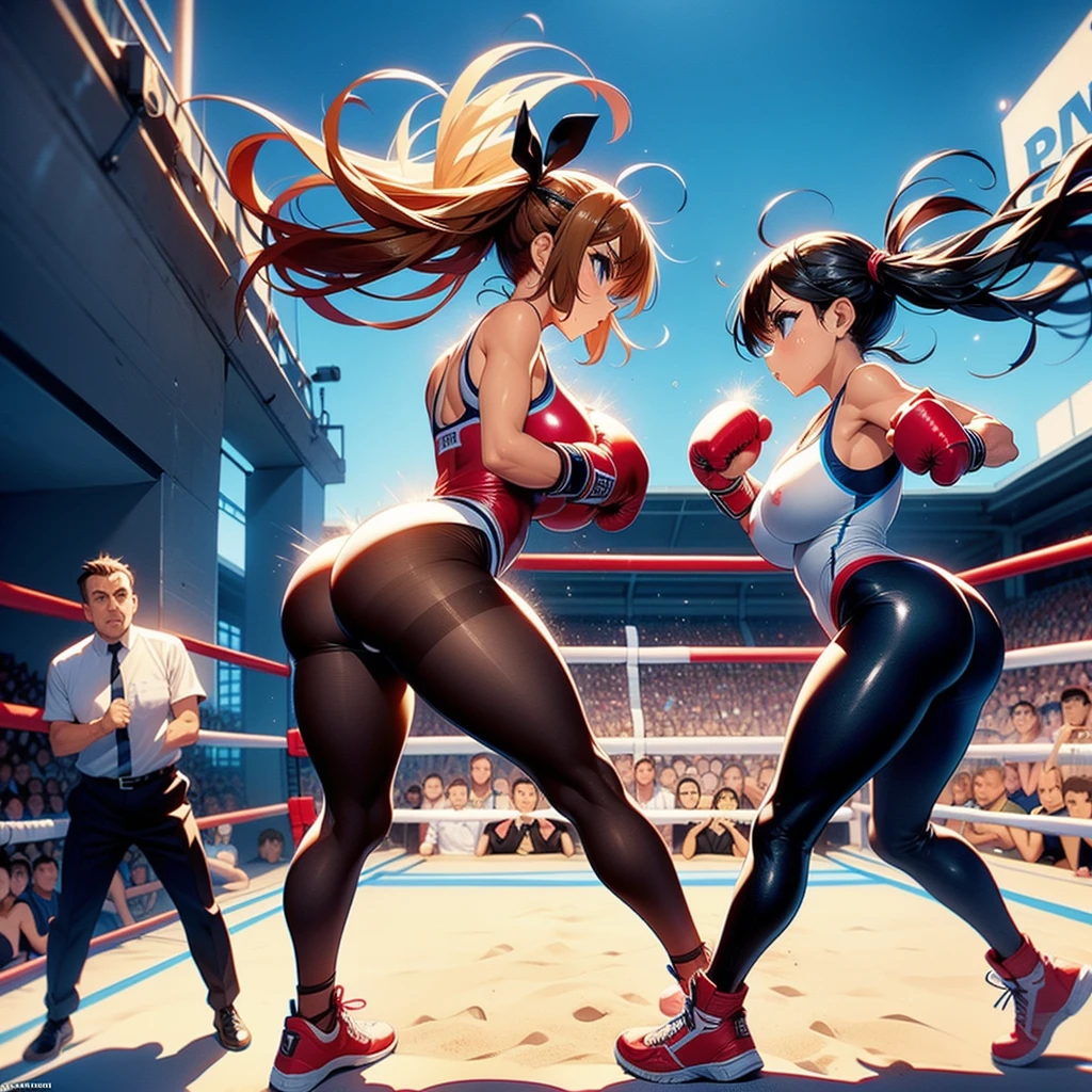 NSFW , on the beach boxing ring , 2D side view , Big and smalls , Fullbody shot , Wear racing swimsuit with pantyhose , Female boxing , huge breasts.