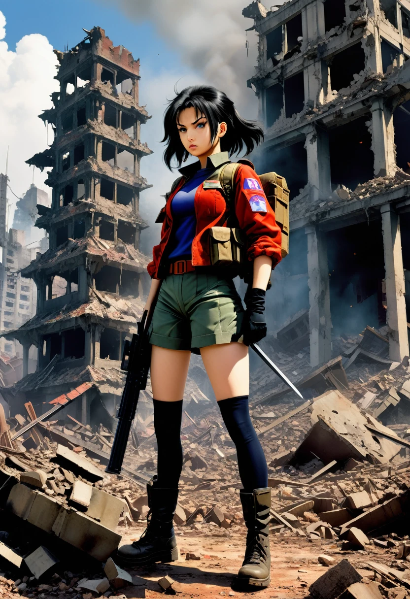 "A high school girl surviving in a ruined world in the style of Akira Toriyama. Dirty uniform, weapon in hand, collapsed buildings and ruins in the background, a determined gaze."