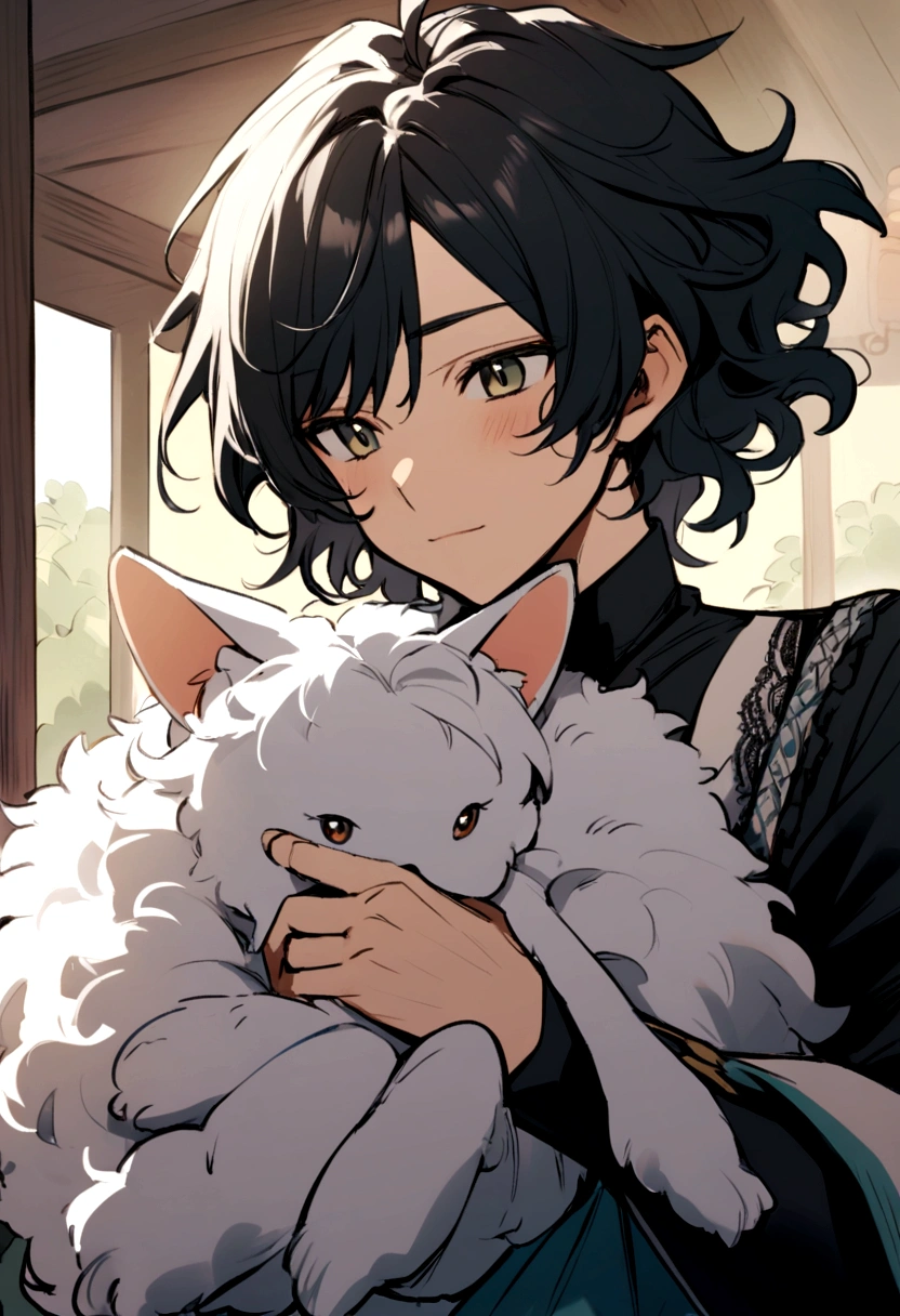 Animie boy with black ahir with fluffy hair that practically