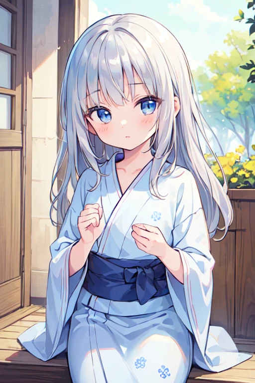 (best quality, masterpiece:1.2), ultra detailed, extremely detailed eyes and face, natural skin texture, detailed skin, natural lighting,
chibi, 1 girl, 12-years-old, (cute),
silver hair, middle hair, straight hair, shiny hair,
blue eyes,
flat chest,
yukata,
