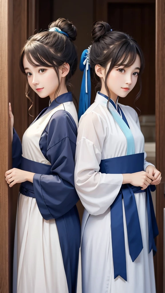 Two Girls、Bun hairstyle to twin tailasterpiece, Highest quality, Korean elements、Hanfu、Become a friend, fun, Happy, bright, long,mysterious