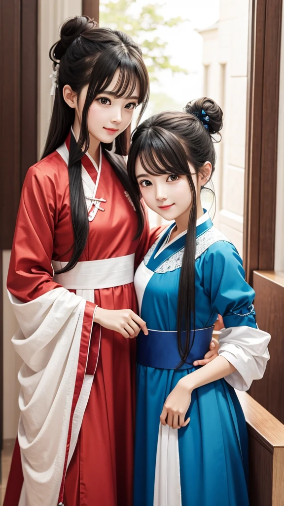 Two Girls、Bun hairstyle to twin tailasterpiece, Highest quality, Korean elements、Hanfu、Become a friend, fun, Happy, bright, long,mysterious