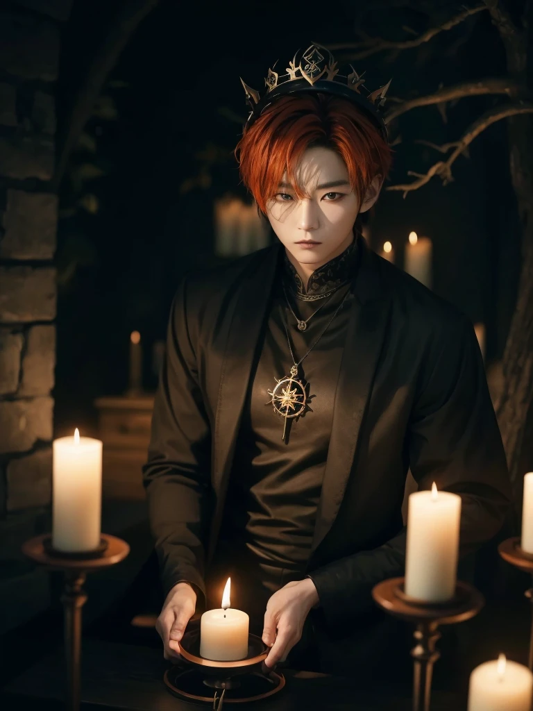 Hyunjun hur actor and kpop idol more realism in hair and clothing hair orange, Generate an image of a Korean Kpop idol with bright orange hair, dressed in a black shirt and a tunic of the same color, surrounded by dark witches and warlocks in a coven. The background must be dark and gloomy, lleno de velas y witchcraft symbols.Create a visual representation of a Korean Kpop actor, with a spinal crown on his head, dressed in a black tunic and black shirt in a coven setting. Around it, dark witches casting curses, with a shadowy forest full of candles as a backdrop.Produces an image where a Korean Kpop idol, recognizable by his bright orange hair, is immersed in an environment of witchcraft and curse. He is dressed in a black tunic and a dark shirt, surrounded by wizards and witches in a dark forest full of magical symbols.Korean kpop idol actor who is dressed in a black shirt, black tunic, with a crown of thorns on his head, he is in a witches coven, all dark witches, curse and witchcraft, the background that is dark dark, a black background in a forest full of candles and spells, witchcraft symbols, bright orange hair amidst candles at a coven. homme coréen musclé maléfique manly muscle man, Young muscular evil Asian, 30 years old, manly, serious, serious face, rough features. 