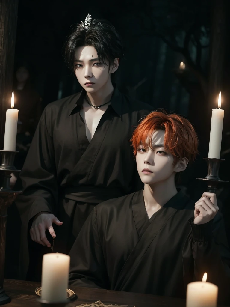 Hyunjun hur actor and kpop idol more realism in hair and clothing hair orange, Generate an image of a Korean Kpop idol with bright orange hair, dressed in a black shirt and a tunic of the same color, surrounded by dark witches and warlocks in a coven. The background must be dark and gloomy, lleno de velas y witchcraft symbols.Create a visual representation of a Korean Kpop actor, with a spinal crown on his head, dressed in a black tunic and black shirt in a coven setting. Around it, dark witches casting curses, with a shadowy forest full of candles as a backdrop.Produces an image where a Korean Kpop idol, recognizable by his bright orange hair, is immersed in an environment of witchcraft and curse. He is dressed in a black tunic and a dark shirt, surrounded by wizards and witches in a dark forest full of magical symbols.Korean kpop idol actor who is dressed in a black shirt, black tunic, with a crown of thorns on his head, he is in a witches coven, all dark witches, curse and witchcraft, the background that is dark dark, a black background in a forest full of candles and spells, witchcraft symbols, bright orange hair amidst candles at a coven. homme coréen musclé maléfique manly muscle man, Young muscular evil Asian, 30 years old, manly, serious, serious face, rough features.