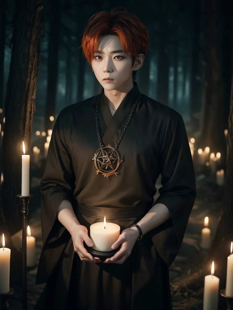 Hyunjun hur actor and kpop idol more realism in hair and clothing hair orange, Generate an image of a Korean Kpop idol with bright orange hair, dressed in a black shirt and a tunic of the same color, surrounded by dark witches and warlocks in a coven. The background must be dark and gloomy, lleno de velas y witchcraft symbols.Create a visual representation of a Korean Kpop actor, with a spinal crown on his head, dressed in a black tunic and black shirt in a coven setting. Around it, dark witches casting curses, with a shadowy forest full of candles as a backdrop.Produces an image where a Korean Kpop idol, recognizable by his bright orange hair, is immersed in an environment of witchcraft and curse. He is dressed in a black tunic and a dark shirt, surrounded by wizards and witches in a dark forest full of magical symbols.Korean kpop idol actor who is dressed in a black shirt, black tunic, with a crown of thorns on his head, he is in a witches coven, all dark witches, curse and witchcraft, the background that is dark dark, a black background in a forest full of candles and spells, witchcraft symbols, bright orange hair amidst candles at a coven. homme coréen musclé maléfique manly muscle man, Young muscular evil Asian, 30 years old, manly, serious, serious face, rough features. 