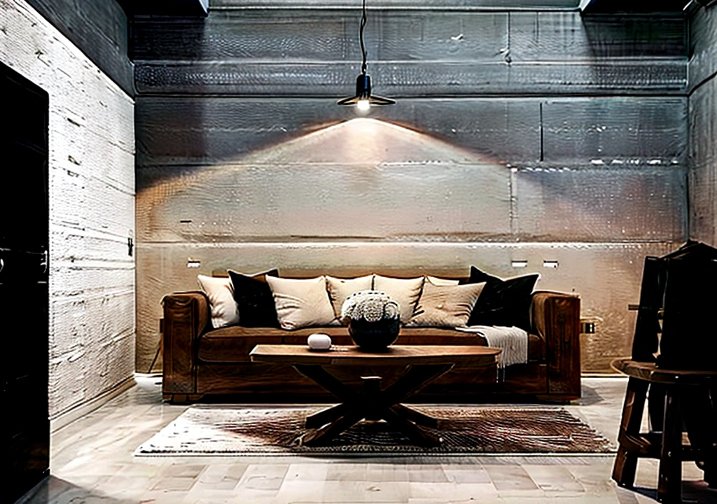 Create a stylish and simple modern loft living room. The lower level should include a large table for decorations and a wall,Roses on the wall,Lavender,Gypsophila decoration. Modern staircase leading to the upper loft,There is an artistic floor lamp in the attic. The room should combine the textures of concrete and wood,To present a stylish and exquisite appearance,Bright lights in the room,Soft light, Make the space feel open and bright. Incorporate simple decorative elements,Enhance modern aesthetic.Front view,Head-up,Super Detail,High-definition photography
