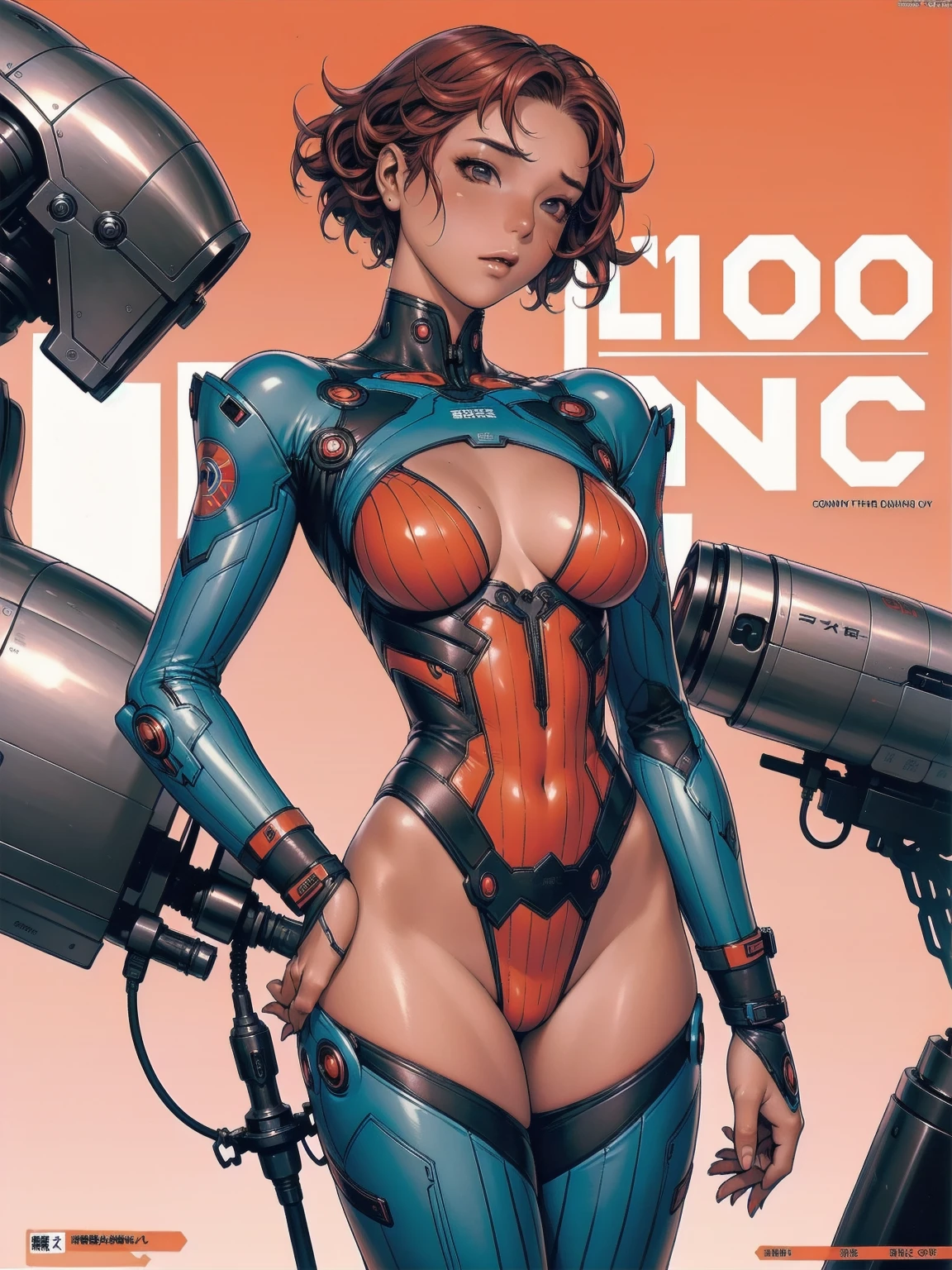 (((back view))), (((perfect abounds))), ((best qualityer)), (((clothes 100% baby blue))), (((slim))), (Muscles), (((Red suit))), ((Perfect masterpiece)), (detailded: 1.4), (absurdrez), (((red long curly hair))), (((full body fitness, neckline showing part of the breasts)), (((short hair woman, blushful))), 21 year old woman, beautiful sexy woman, giant robot pilot, wild with perfect corpo fitness, wearing small mecha battle armor clothes, tiny thong, Simon Bisley styled for the cover of Heavy Metal magazine, clothing with Japanese cyberpunk graphic patterns, Halftone pattern and vertical stripes, earth tone, exiting the body of a giant robot