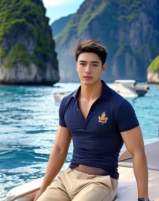 An Araf man stands on the beach with the sunset in the background.., portait photo Profile pictureture, Profile picture, Cleans the wide surface of the face., cute young man, headshot Profile pictureture, handsome man, Handsome and charming, Very charming and beautiful, Close-up of a Southeast Asian man with a round face.., black eyes, staring at the viewer, morning sun, ((face details)), Double eyelids, realistic, Masterpiece, Highest quality, lens flare, shade, [[Chromatic aberration, digital painting, 8K, 45,000,000,000 pixels,, t-shirt, short hair, black eyes,abdominal muscles, The body is beautiful and strong..,, (digital painting, HDR, high contrast