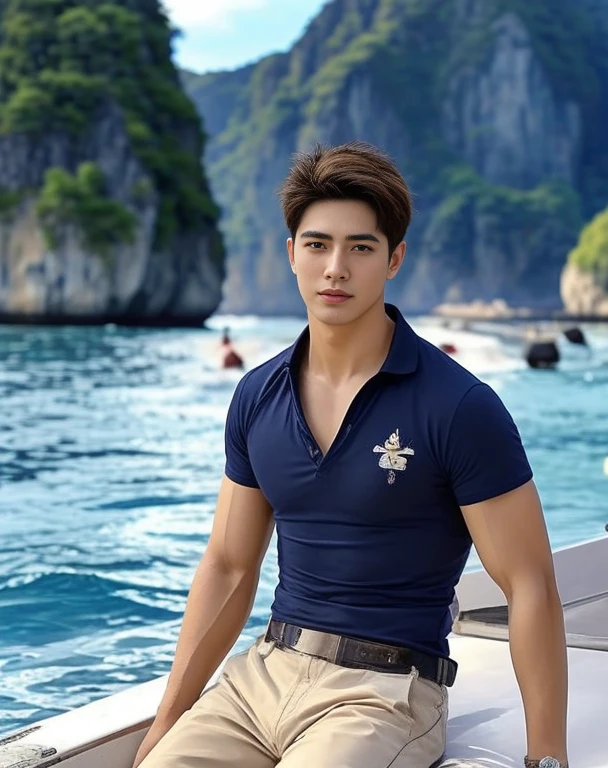 An Araf man stands on the beach with the sunset in the background.., portait photo Profile pictureture, Profile picture, Cleans the wide surface of the face.,  cute young man, headshot Profile pictureture, handsome man, Handsome and charming, Very charming and beautiful, Close-up of a Southeast Asian man with a round face.., black eyes, staring at the viewer, morning sun, ((face details)), Double eyelids, realistic, Masterpiece, Highest quality, lens flare, shade, [[Chromatic aberration, digital painting, 8K, 45,000,000,000 pixels,, t-shirt, short hair, black eyes,abdominal muscles, The body is beautiful and strong..,, (digital painting, HDR, high contrast