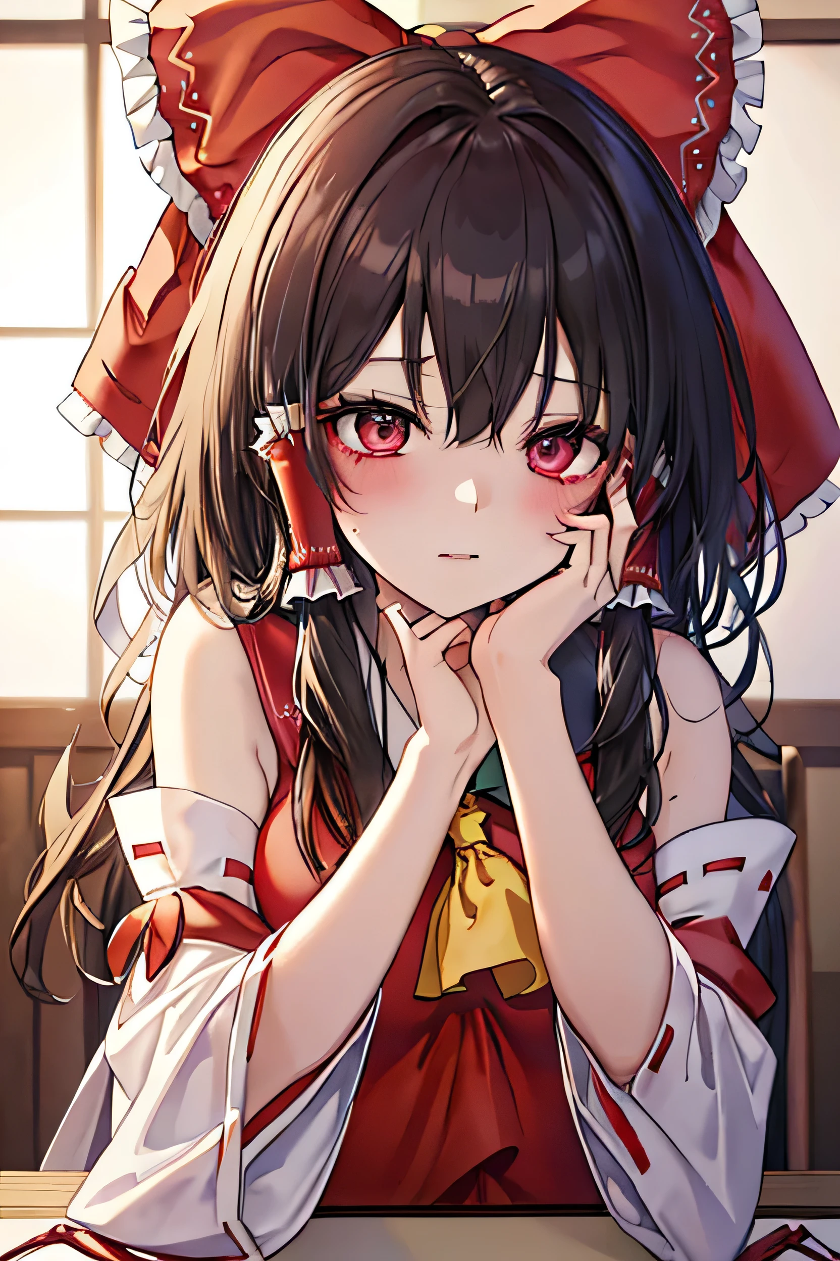 ((Borei Reimu:1.3)), ((Highest quality)), ((Very detailed)), Tabletop, Absurd, (Fine grain, Deep Eyes), (One Girl), Yandere trance, Yandere, put your hand on your face, ((Please cover your cheeks with both hands:1.2)), Shadowed face, ((Lightless Eyes)), (Upper Body), Hexmania CMS, ((@.@)), Sagging under the eyes, Ahoge, Red ribbon, Black Hair, Pale skin, Small breasts, , Red shrine maiden outfit, (Japanese style room desk dark)