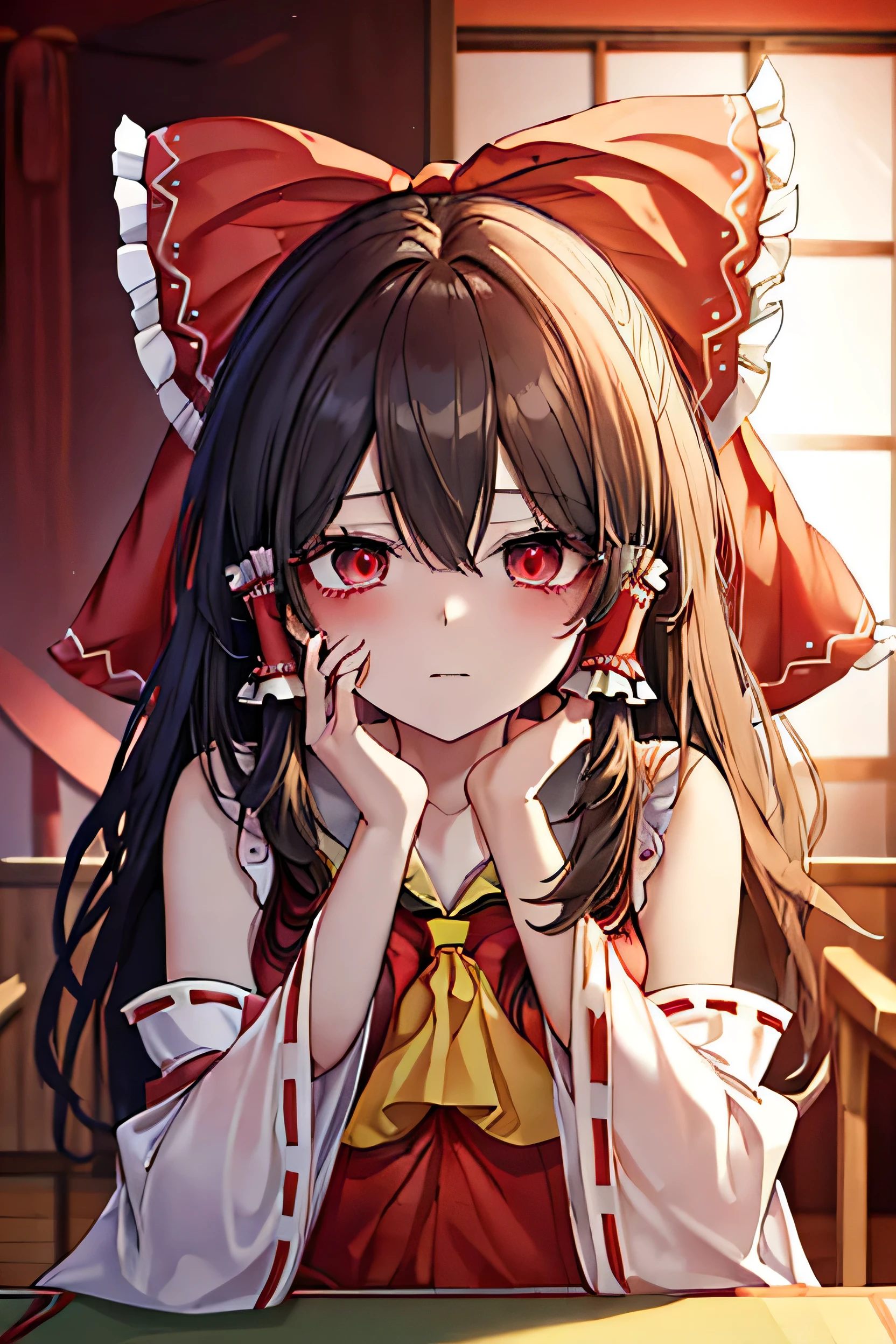 ((Borei Reimu:1.3)), ((Highest quality)), ((Very detailed)), Tabletop, Absurd, (Fine grain, Deep Eyes), (One Girl), Yandere trance, Yandere, Detailed fingers, fingertip, put your hand on your face, ((Please cover your cheeks with both hands:1.2)), Shadowed face, ((Lightless Eyes)), (Upper Body), Hexmania CMS, ((@.@)), Sagging under the eyes, Ahoge, Red ribbon, Black Hair, Pale skin, Small breasts, , Red shrine maiden outfit, (Japanese style room desk dark)