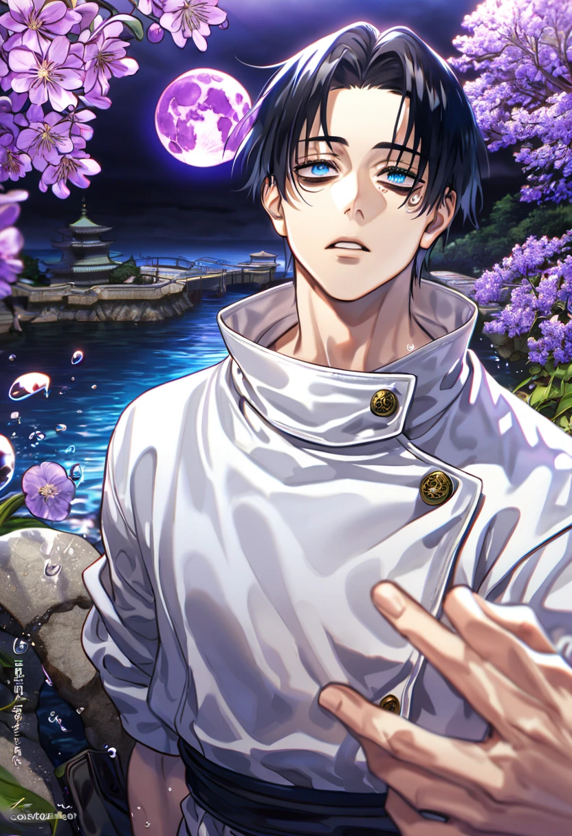 absurdres, highres, ultra detailed, HDR, masterpiece, best quality, Okkotsu Yuuta, black hair, expressive blue eyes, black bags under the eyes, Jujutsu Kaisen, solo, sexy man, handsome, white jujutsu uniform, fantasy, water, purple moon, purple blossoms, purple flowers, fantasy