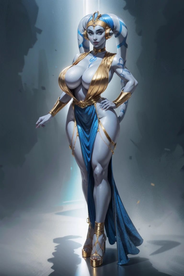 Playful Blue Skin Twi'lek with (huge breasts) wearing a tight short gold cocktail dress, short dress, high neck, sleeveless, (keyhole cleavage), tattoos, large natural breasts, cleavage, long legs, toned, slim hips, small waist, full-body shot