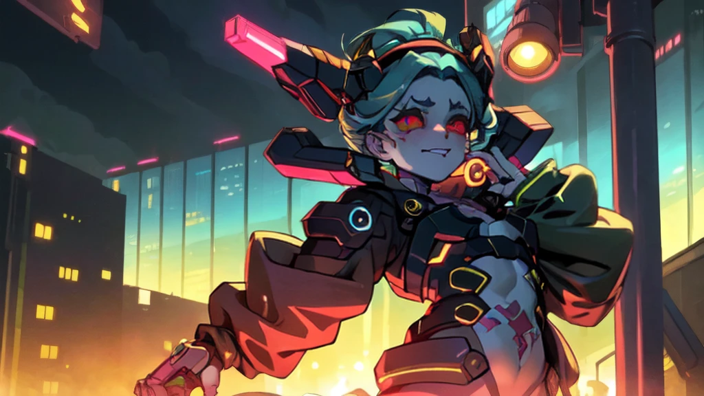 work of art, best qualityer, ultra detali, illustration, epic lighting, film composition, 1 girl, cute, red sclera,red pupils, cyborg, tatoo, hair green, colored fur, breasts small, Black jacke, standing, legs spread apart, lovely gaze, captivating pose, trunk:1.1, gazing at viewer, pretentious smile, cloused mouth, plein-air, citys, cyber punk, neon lights, Street, (natta, tenebrosa, tenebrosaness, tenebrosa como breu, eyeshadows:1.4), (8K:1.1),