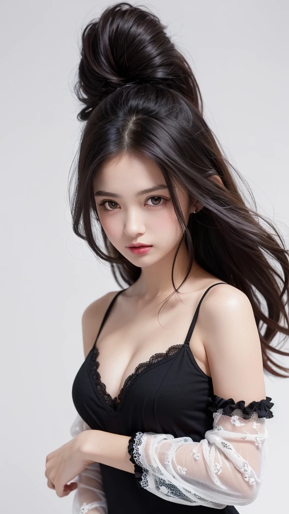 (((forehead、Northern Europe、White people、beautiful girl、Black Hair、White background、Black lace、Black frills、camisole、one piece、With sleeves)))、table top, highest quality, figure, super detailed, finely, High resolution, 8k wallpaper, Perfect dynamic composition, detailed and beautiful eyes, Deco out,bionde, breasts, Natural color lip,white background, random cute poses,
