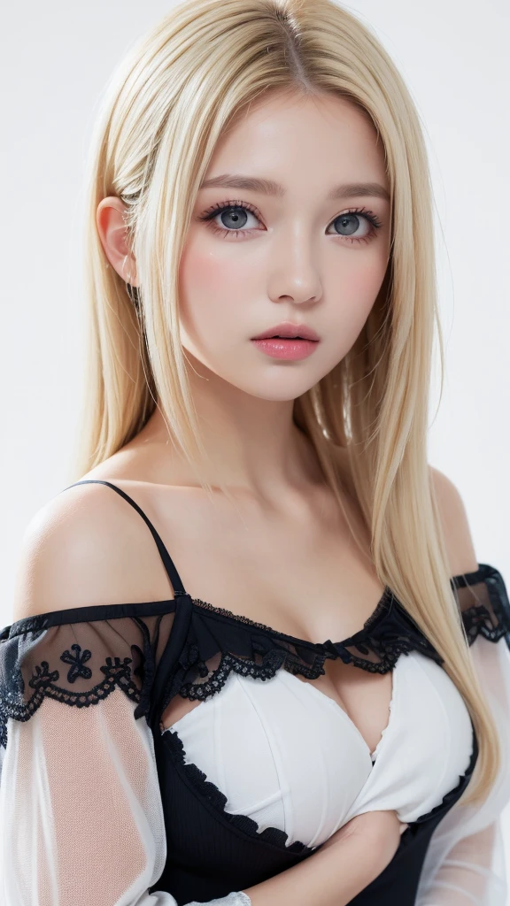 (((forehead、White Blonde Hair、Northern Europe、White people、beautiful girl、Blonde、White background、Black lace、Black frills、camisole、one piece、With sleeves)))、table top, highest quality, figure, super detailed, finely, High resolution, 8k wallpaper, Perfect dynamic composition, detailed and beautiful eyes, Deco out,bionde, medium hair, big breasts, Natural color lip,white background, random cute poses,frill dress