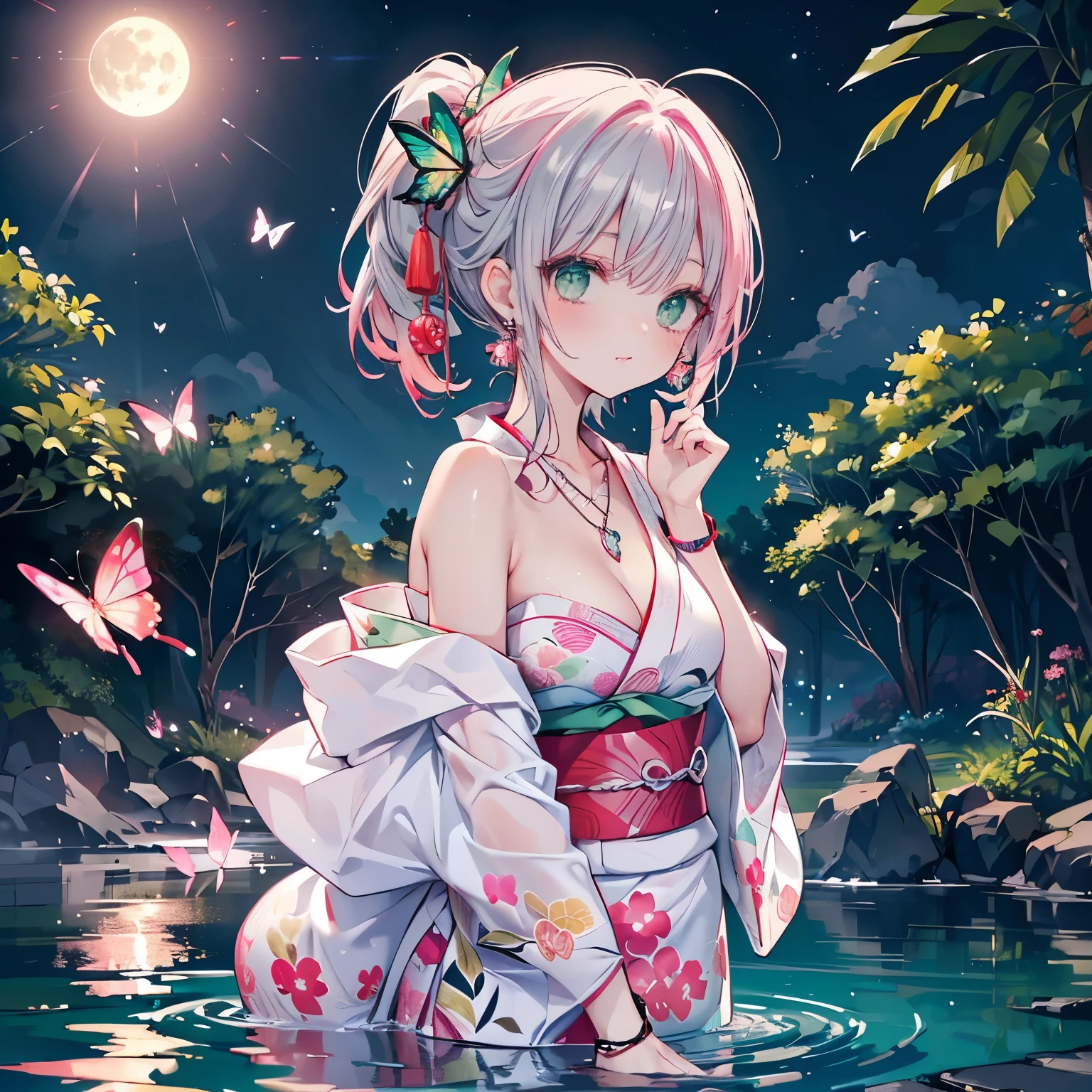 looking back,
high angle,from above,cleavage,(beautiful pink and green butterflies and dragonflies all over the place),colorful flowers,fantasy beams and lights,
((masterpiece:1.4, best quality)), ((masterpiece, best quality)),((beautiful pony tail silver red hair,beautiful emerald green eyes,little cute girl)),wet full body, bathing in the water,(beautiful emerald green lake),water splash,lovely laugh,((sexy colorful japanese yukata)),(Lace chalker, wristband, diamond necklace,earrings),cinematic lighting and pause,beautiful natural mysterious park,night sky,full moon,(beautiful pink and red butterflies and dragonflies all over the place),