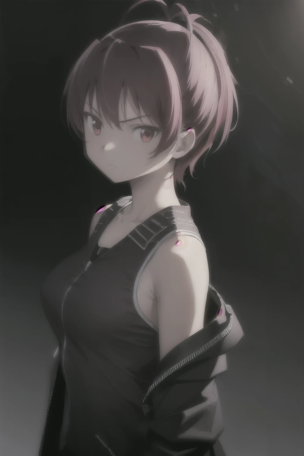 1woman, short red hair, red eyes, serious expression, tomboy, big breasts, athletic, wearing black sci fi coat, tank top, isolated on completely pitch black background, absurdres, high res, ultrasharp, 8K, masterpiece, looking at viewer, HDR, sci-fi, professional, vivid colors, sharp focus, studio lighting, absurdres, bokeh, static