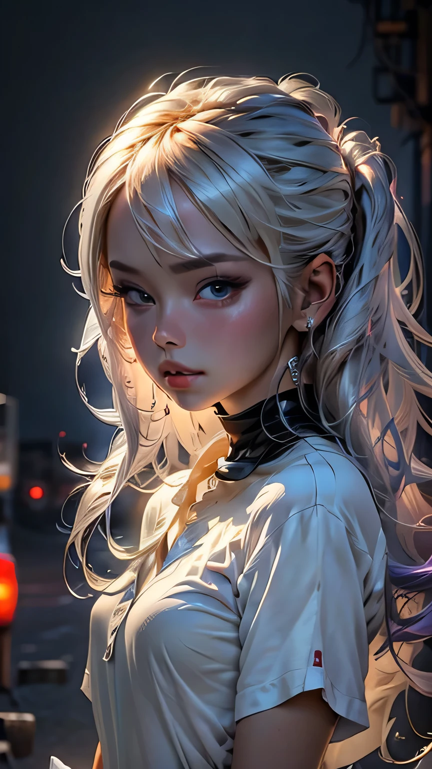 ((masterpiece)), (最high quality), (detailed), (One girl), (Internal Data Stream) Light blue gradient hair, Glowing black eyes, Straight hair, Wearing a modern white shirt and black dress, Covered in data particles, Locked around the neck、masterpiece, 最high quality, high quality, High resolution,