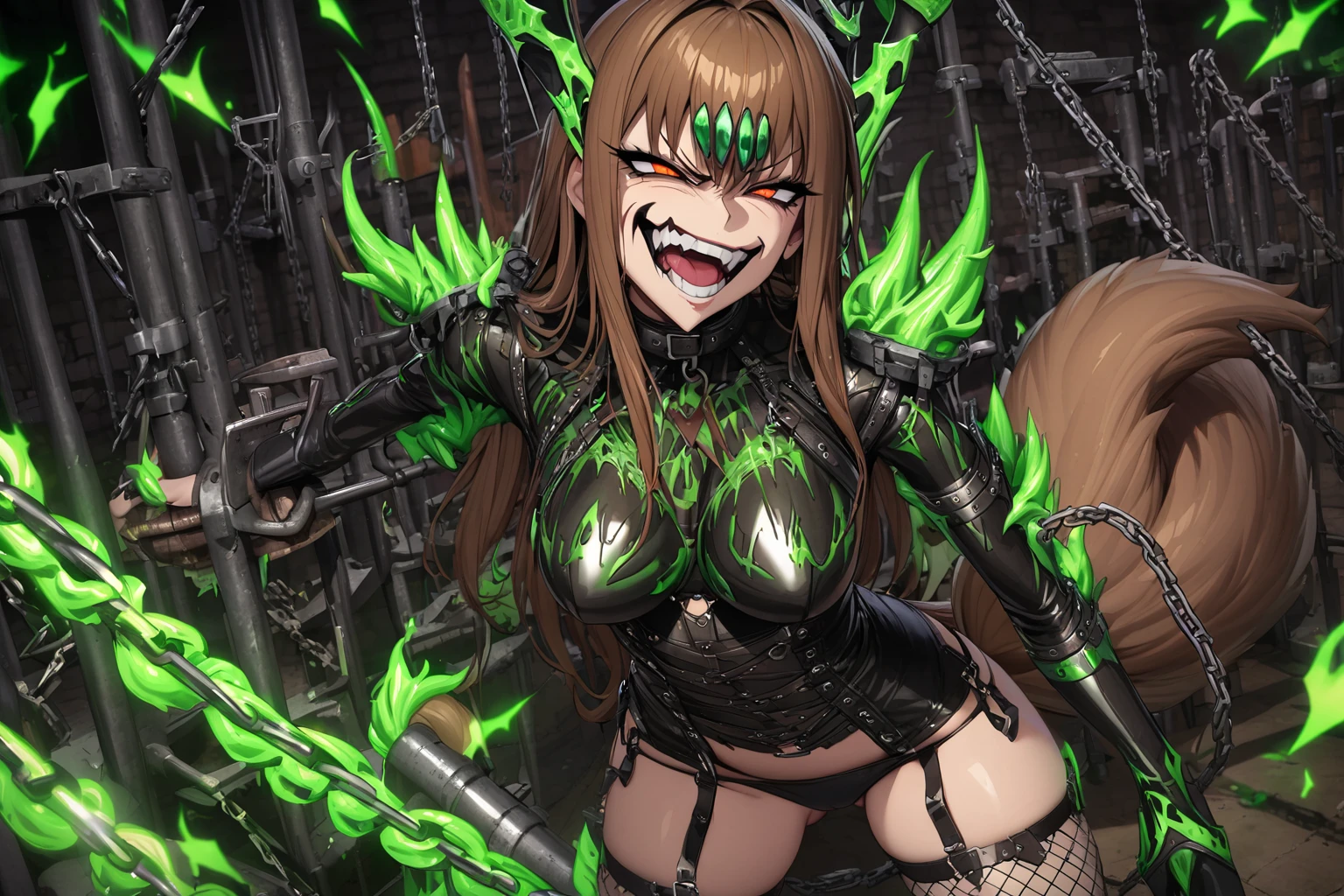 hand drawing, high detail, evil smirk, evil eyes, evil kitsune with tail, seductress in a sex dungeon, ((brown tail)), torture devices, green fire whips, chains, rack, iron maiden, black leather bodysuit, panties, fishnet stockings, garters, brown hair, brown eyes, green torture magic