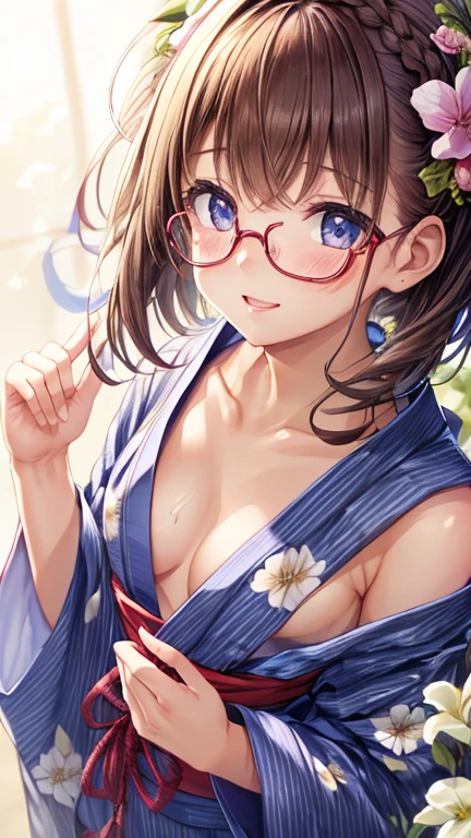 (masterpiece, Highest quality:1.4), Beautiful Face, 8K, 85mm, Absurd, (Floral Yukata:1.4), Face close-up, violet, Gardenia, Delicate girl, alone, night, View your viewers, Upper Body, Film Grain, chromatic aberration, Sharp focus, Face Light, Professional Lighting, Sophisticated, (smile:0.4), (Simple Background, Bokeh Background:1.2), detailed aspects,(((Show me one nipple:0.57))),((Very young and small:1.2),(Pink glasses and flowers in hair:1),((Show me the vagina:1.5)),(Semen flowing from the vagina)