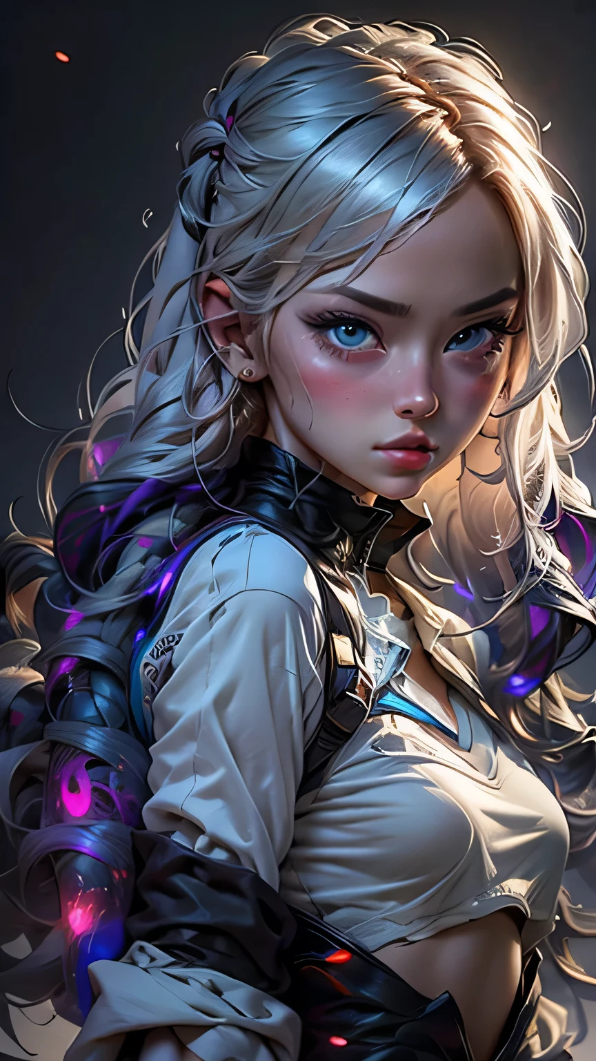 ((masterpiece)), (最high quality), (detailed), (One girl), (Internal Data Stream) Light blue gradient hair, Glowing black eyes, Straight hair, Wearing a modern white shirt and black dress, Covered in data particles, Locked around the neck、masterpiece, 最high quality, high quality, High resolution,