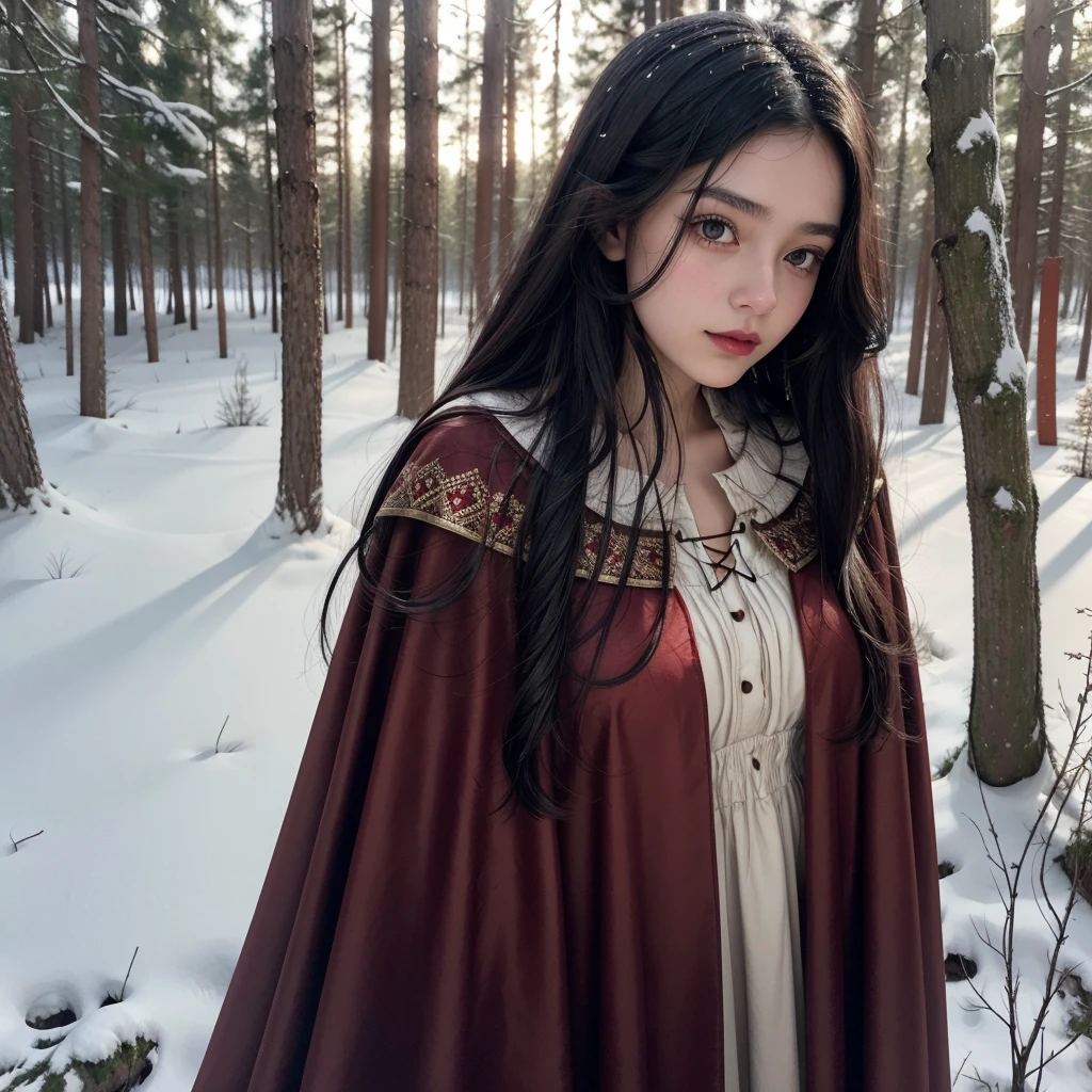 17 year old girl, long dark black hair, clear skin, big brown eyes, slim appearance, Red lips, She wears a medieval peasant dress with a cape and is collecting plants in the forest that is covered in snow.